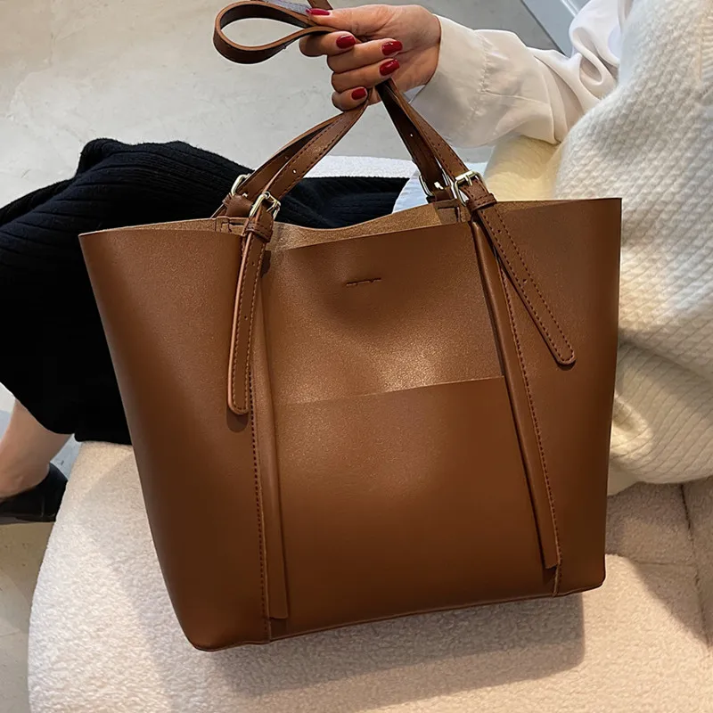 

Vintage Casual Women Tote Bag High Capacity Soft Leather Shopper Bags for Travel Roomy Female Shoulder Bag Set Big Hobos Handbag
