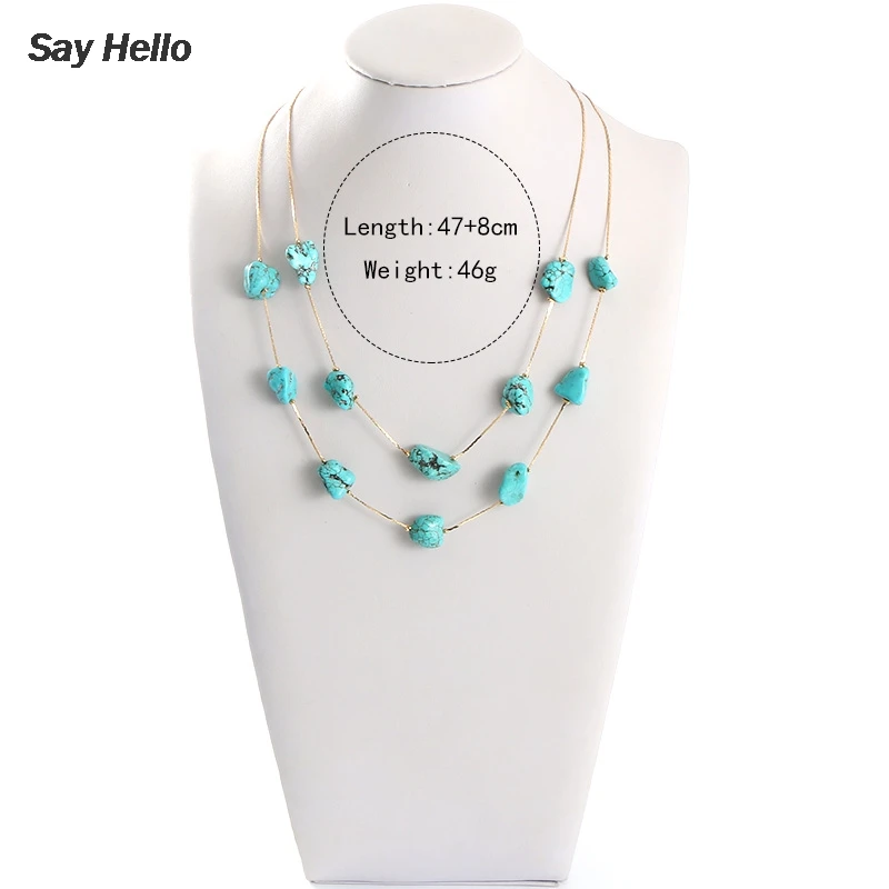 

SAY HELLO Boho Vintage Irregular Turquoises Stone Necklaces for Women Double Layer Metal Long Chains Necklaces Jewelry A40512