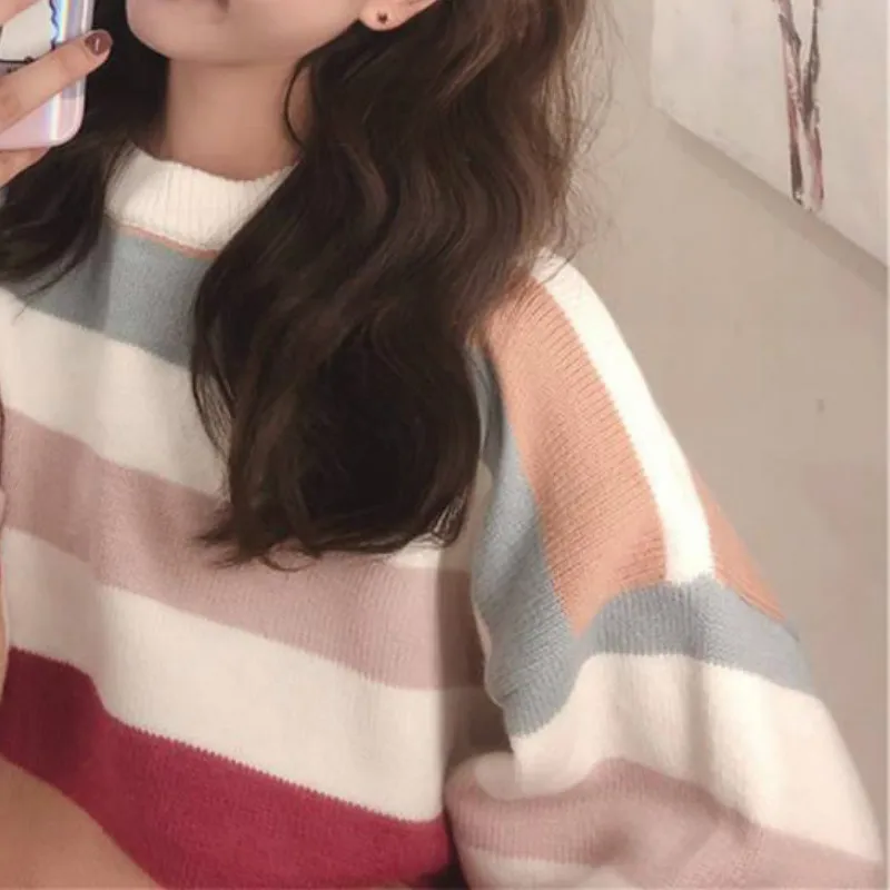

Sweaters Women Sweet Soft Vintage Korean Striped Classic Ladies Sweater O-neck Autumn All-match Trendy Woman Pullovers Popular