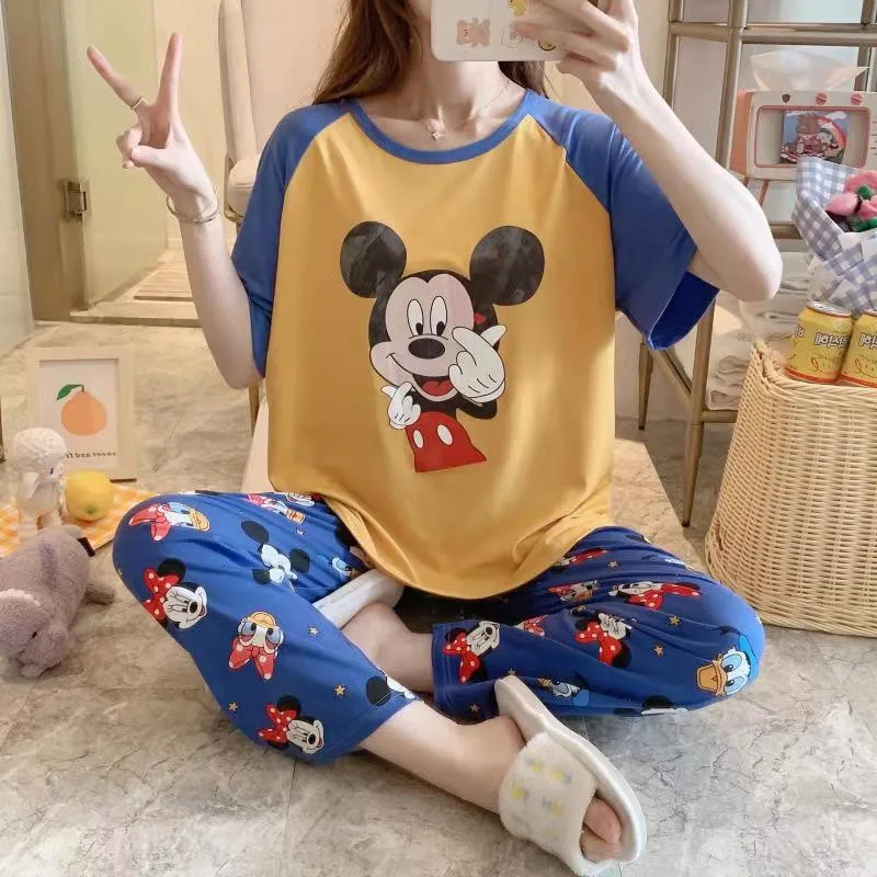 

New Mickey Minnie Cartoon Print Ladies Round Neck Short-Sleeved Pajamas Pants Spring And Summer Silk Milk Girl Pajamas Suit
