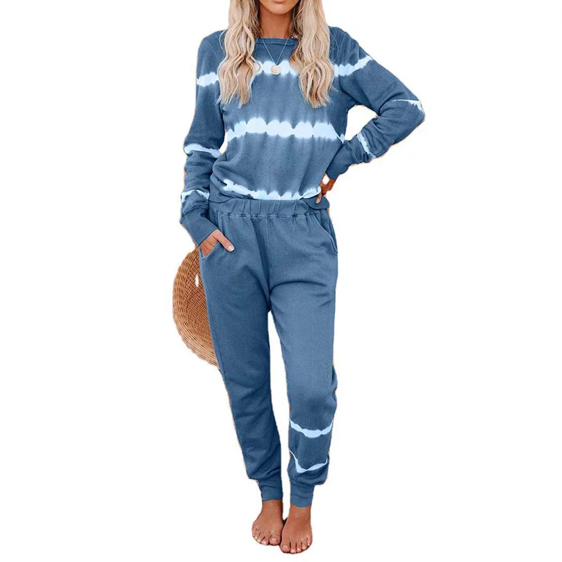 

Home Pajamas Women Tie-dye Print Stripe Long Sleeve Pants Casual Set Leisure Dress