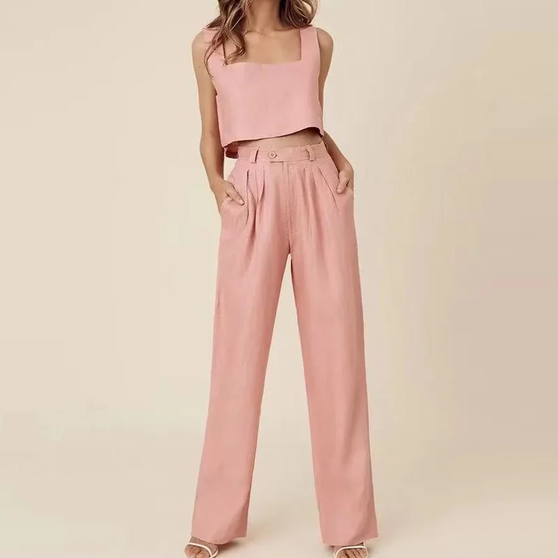 

Брюки-карго женские хлопковые с квадратным вырезом, винтажный комплект из двух предметов, топ с открытыми плечами и длинные штаны, модная ле...