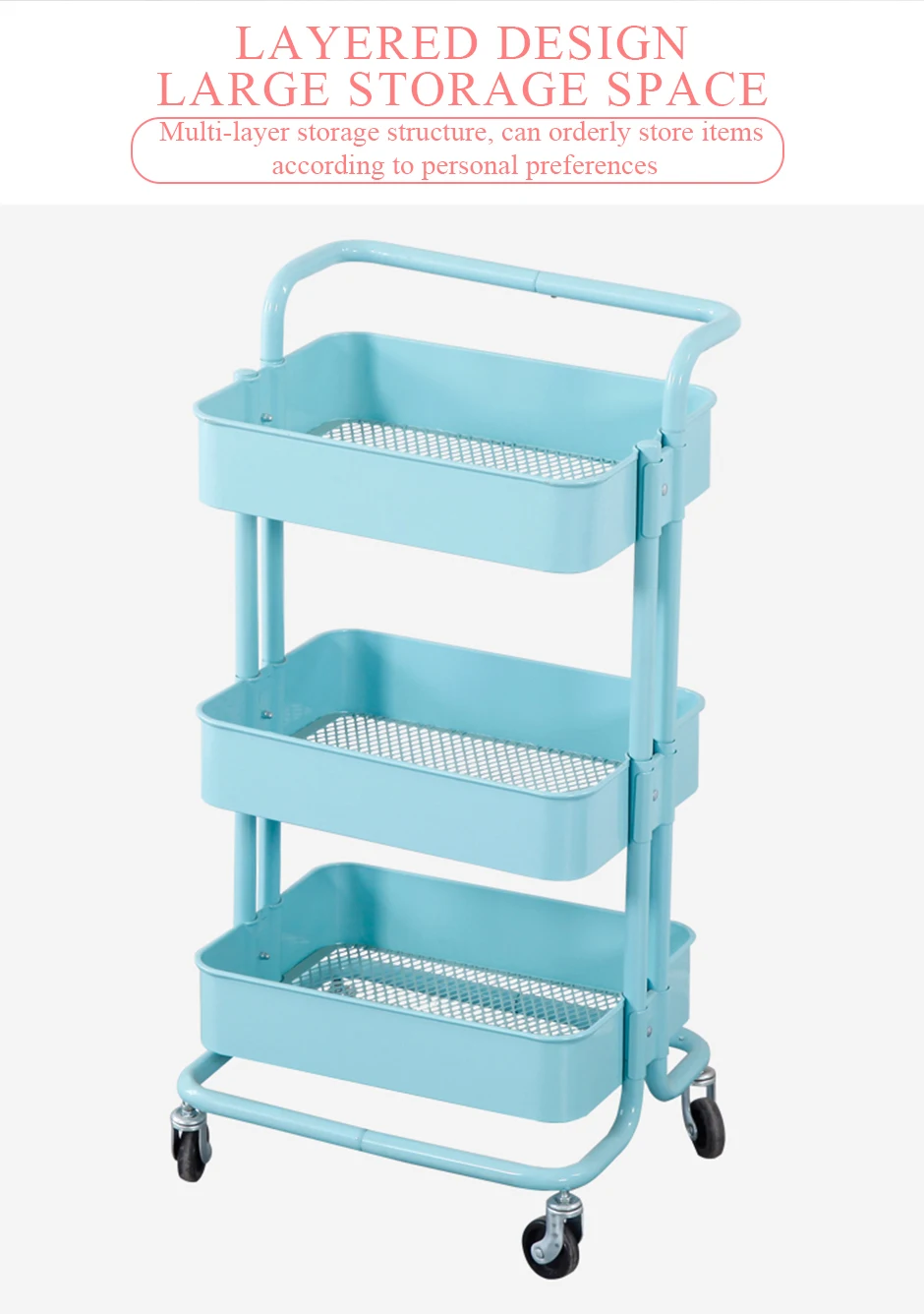 Простая металлическая полка на колесиках трехуровневая многофункциональная для