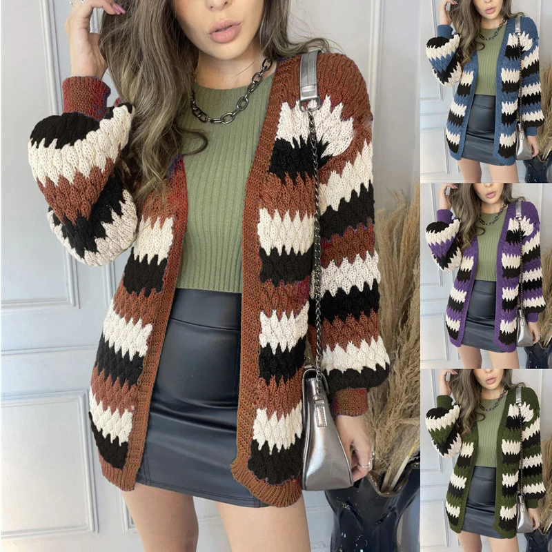 

Autumn WInter Warm Knitted Sweaters Women Fashion Patchwork Striped Sweaters Coat 2021 Ladies Elegant Loose V Neck Tops Cardigan