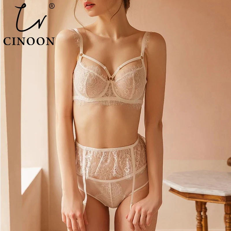 

CINOON Sexy Eyelash Lace Lingerie Women Bralette Sets French Underwear Push Up Brassiere Ultrathin Bra+Panties+Garter 3 Pcs/Lots