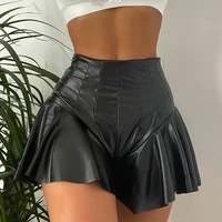 women pu mini shorts skirt high waist pleated ruffled hem short hip skort club shorts fashion bottom y2k streetwear