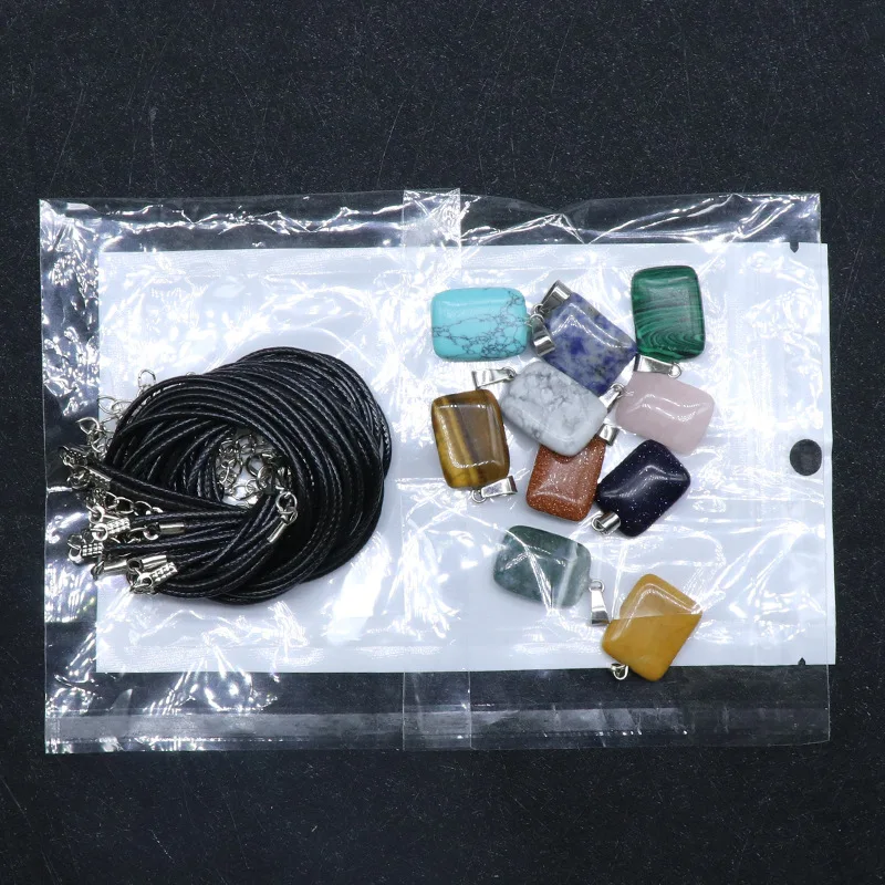 

10pcs Rectangle Pendants & 10pcs Leather Rope Natural Stone Pendant Necklace Healing Energy Pendulum Jewelry Making 15*21mm