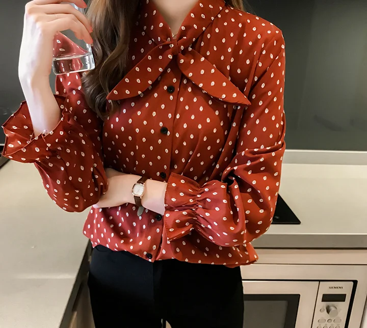 

Houthion Women's Blouses Long Sleeve Top Korean Retro Blouse Chiffon Summer Fashion Casual Breasted Shirt New Polka Dots