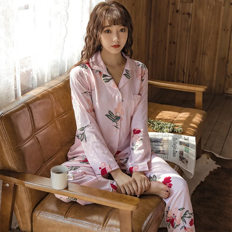 Women Pajamas Sleepwear Sets Spring Summer Homewear Suits Flower Printing Long Sleeves Femme Pijamas Floral 100% Viscose Vintage