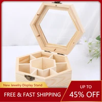 2021 new natural plain wooden jewellery crafts storage box with glass lid and lock hexagon shaped chest storage collection box