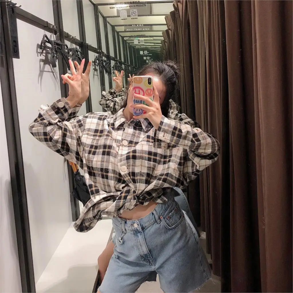 

Fashion Slim Lapel Jacket Coat Black White Plaid Loose All-match Jacket Shirts Casual Long Sleeve Famale Outerwear Chic Top