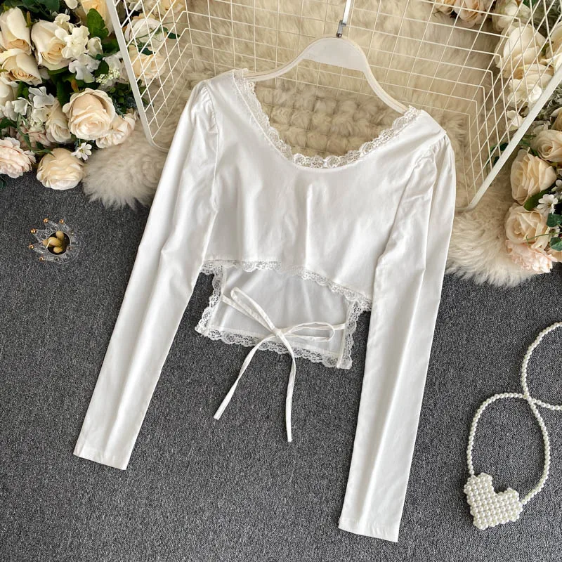 Женский кружевной топ с v-образным вырезом и длинным рукавом | Женская одежда