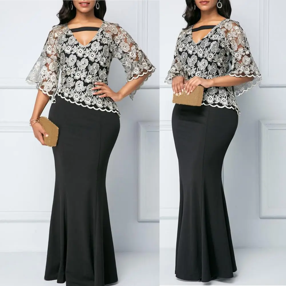 

Summer Dress Women 2021 Sexy V Neck Banquet Embroidery Floral Lace Evening Party Vestido Plus Size Slim Mermaid Maxi Dresses Hot
