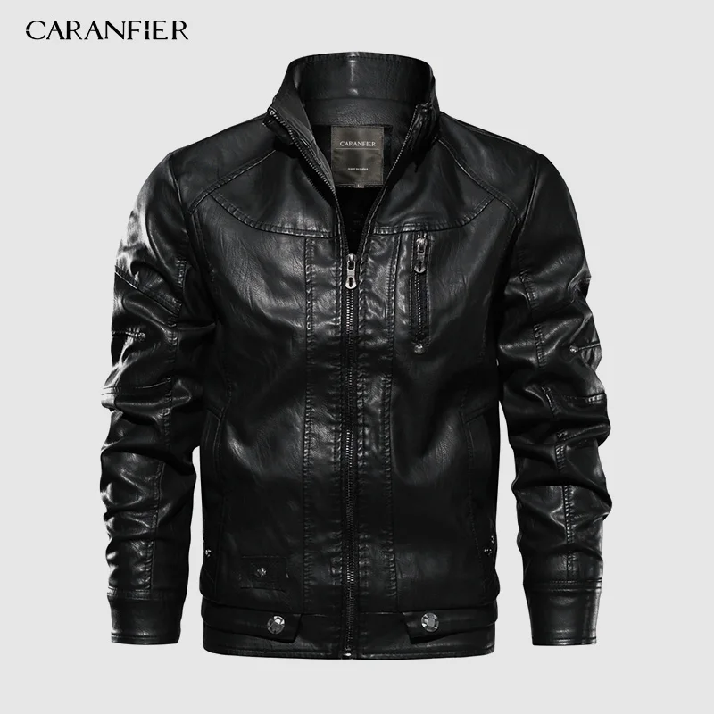 Бренд CARANFIER, тактическая куртка из искусственной кожи, мужская, европейский размер, S-XXL, стоячий воротник, мотоциклетная кожаная куртка, мужские пальто, Прямая поставка - Цвет: Black
