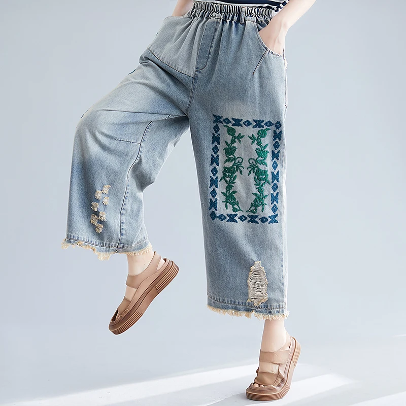 Y2k Baggy Wide Leg Jeans for Women Plus Size Spring and Autumn Clothes All-Match Cropped Straight Female Pants Loose Embroider