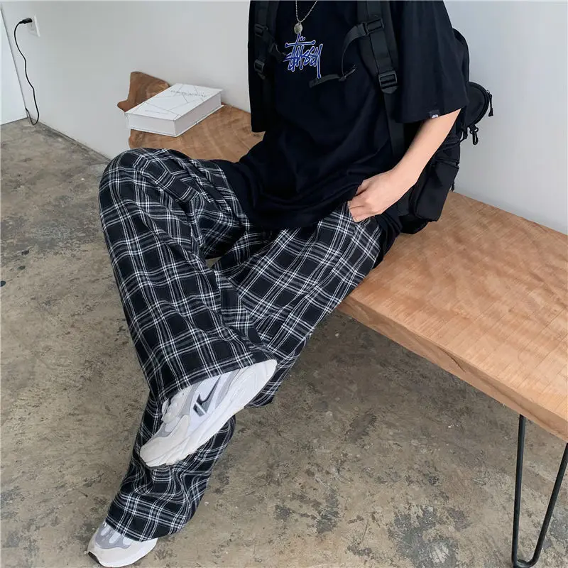 

2021 new plaid pants female Korean version ins retro black pants loose high waist casual straight wide leg pant