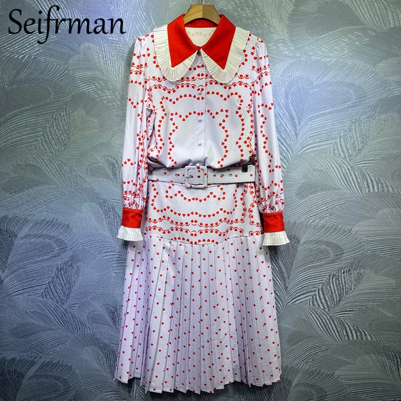 

Seifrmann Summer Women Fashion Designer Skirt Set Lantern Sleeve Ruffles Loose Shirt + Heart Dot Print Skirt 2 Two Pieces Suits