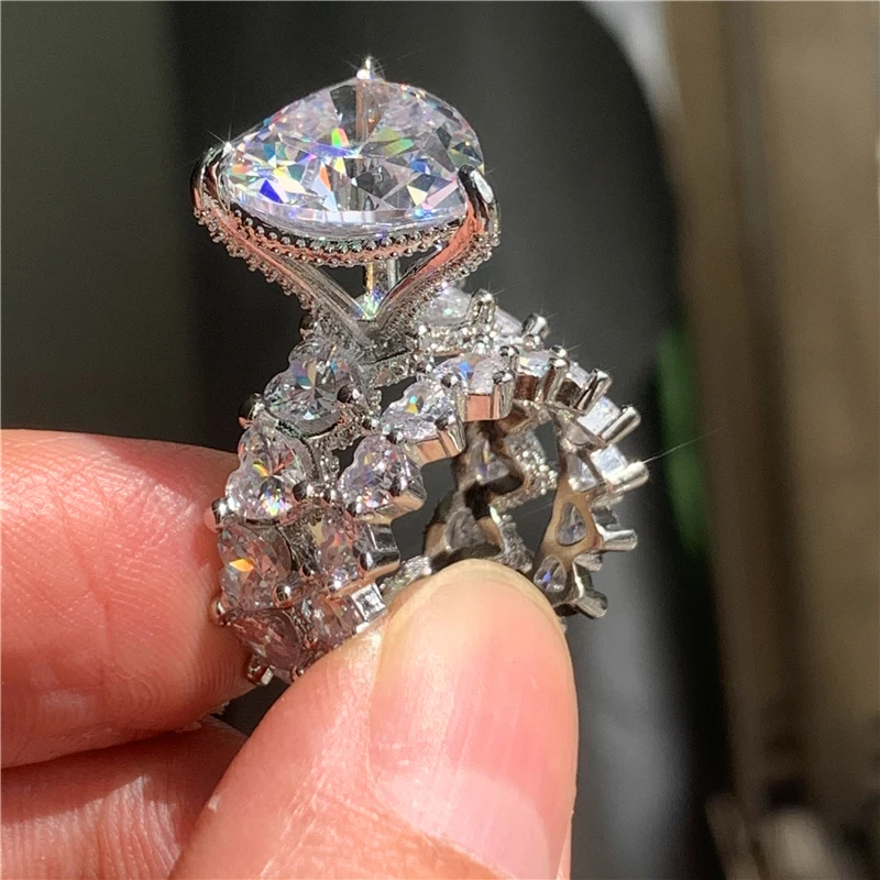 

Luxury Heart cut 8ct Sona cz Ring Sets 925 Sterling Silver Engagement Wedding Band Rings for women men Vintage Party Jewelry