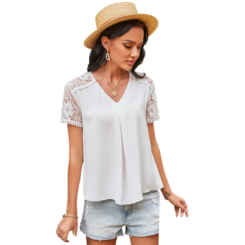 

Fashion Casual Solid White 2021 Women T-Shirts Womens Summer Tops Loose V-Neck Lace Short Sleeve Women Top Tee Ropa De Mujer