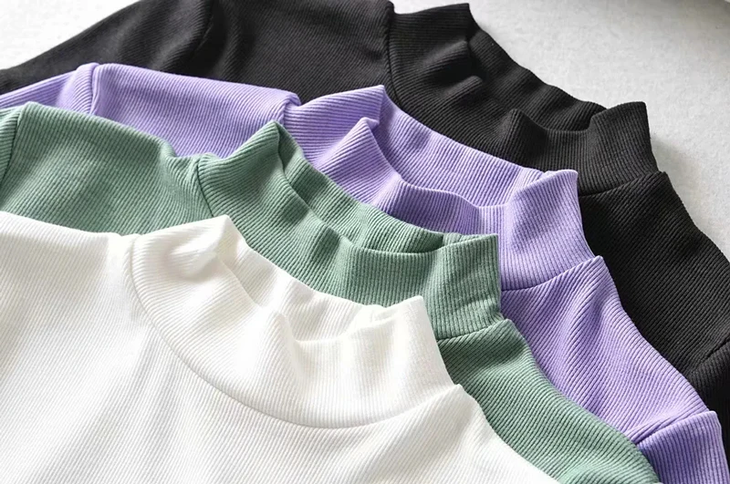 

Women High Neck Fitted Short Sleeve T-shirt Rib Crop Rib Top