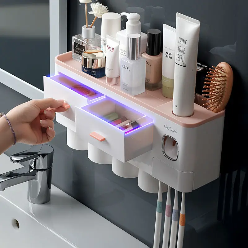 

Bathroom Accessories Organizer Holder Set Toothbrush Holder Wall-Mount Automatic Toothpaste Dispenser Make-up Storage Rack