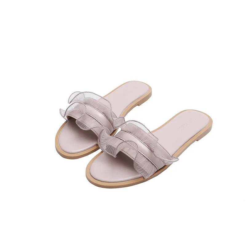 

Beige Heeled Sandals Slippers Casual Shoes Slipers Women Butterfly-Knot Low Slides Black Luxury Flat 2021 Soft Summer Solid Fabr