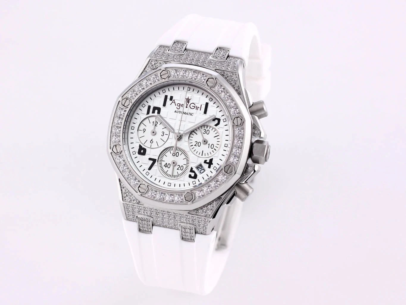

New Chronograph Women Lady Sapphire White Number Silver Full Iced Diamonds Bezel Oaks Stainless Steel Royal Stopwatch Watch 37mm