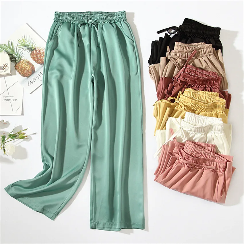 Брюки женские с широкими штанинами модные блестящие повседневные длинные штаны