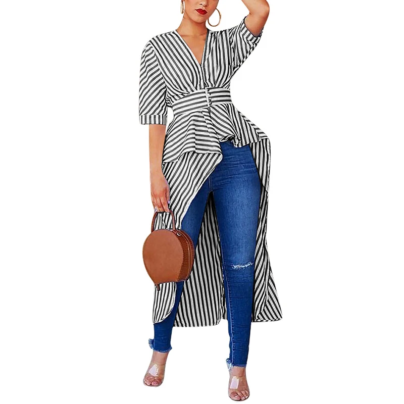 

Women Half Sleeve Striped Asymmetric High Low Hem Maxi Long Shirt Tops for Summer BMF88