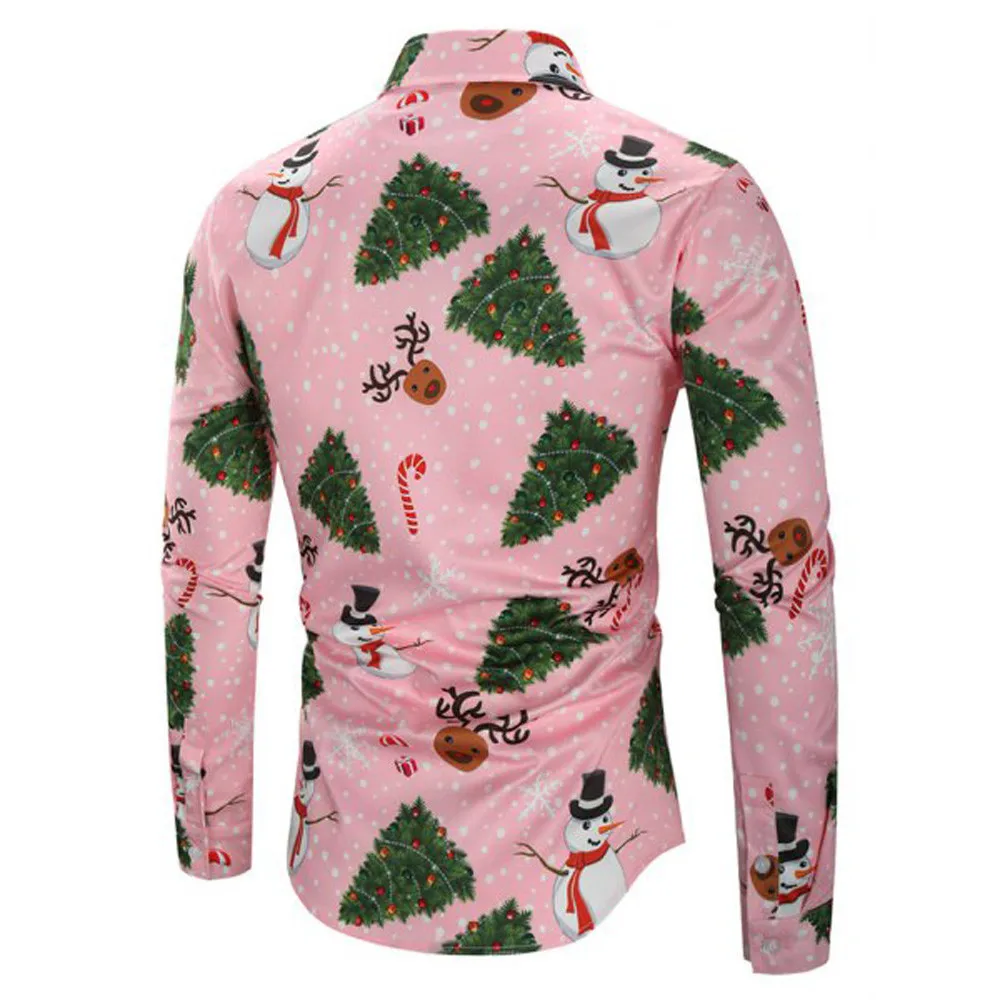 Snowflake Flower Printed Men Shirt Casual Snowmen Santa Claus Elk Print Christmas Shirts Top Blouse Chemise Homme Streetshirt