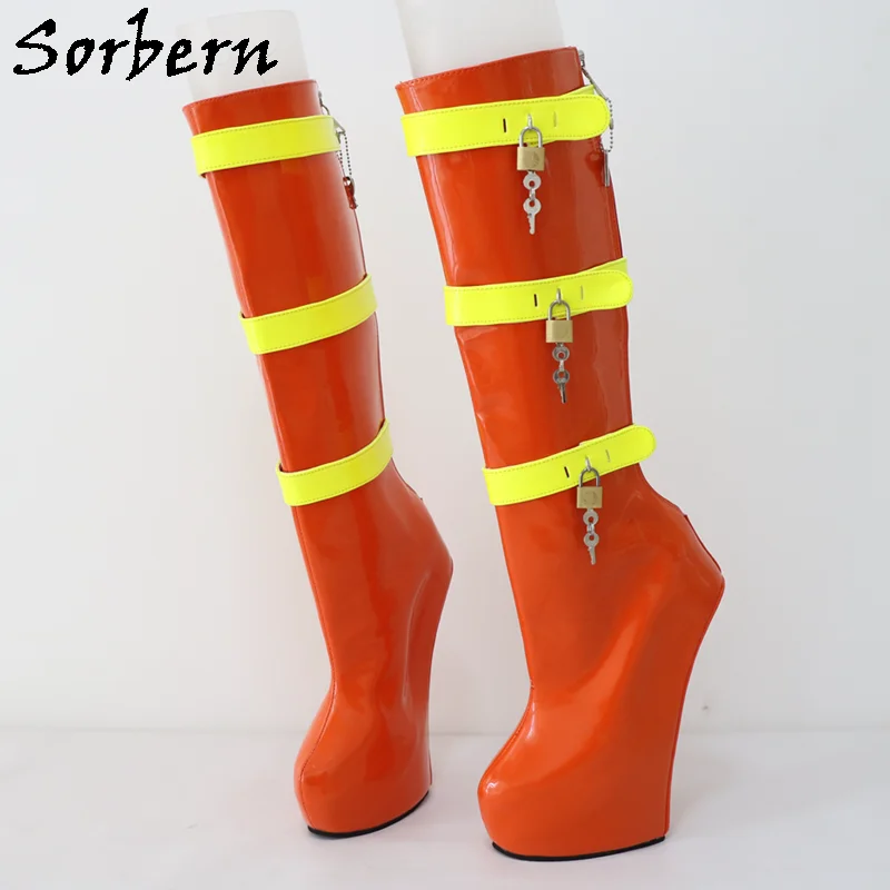 Sorbern Purple Custom Wide Calf Boots Women Red Straps Lockable Keys Sexy Fetish Boots Bdsm High Heel Womens Ladies Boots