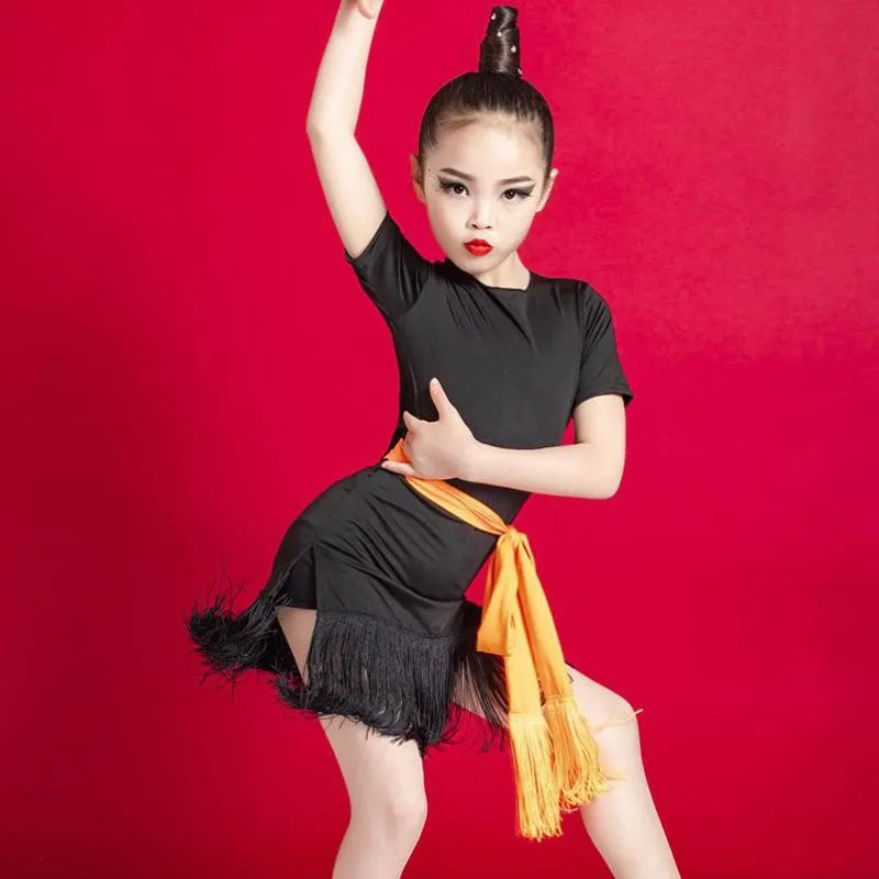 

New Children Latin Dance Dress Leopard Tassel Dance Skirt Fringed Tango Salsa Ballroom Kids Dress For Girls Costume Competition