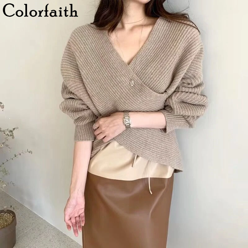 Женский вязаный пуловер Colorfaith Свободный Повседневный джемпер с перекрещенными