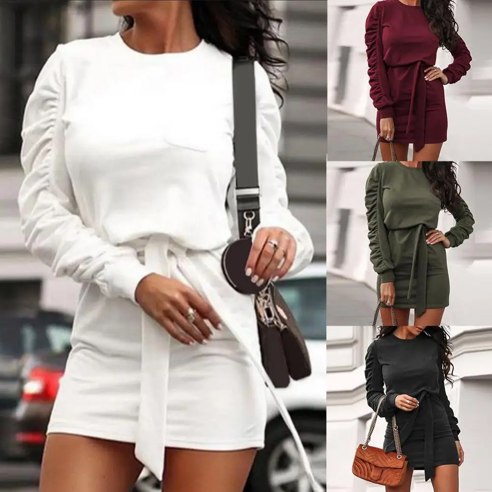 

Elegant Vintage Dress Women Ruched Puff Sleeve O Neck Solid Color Waist Bandage Mini Sweatshirt Dress Summer Female Sundress