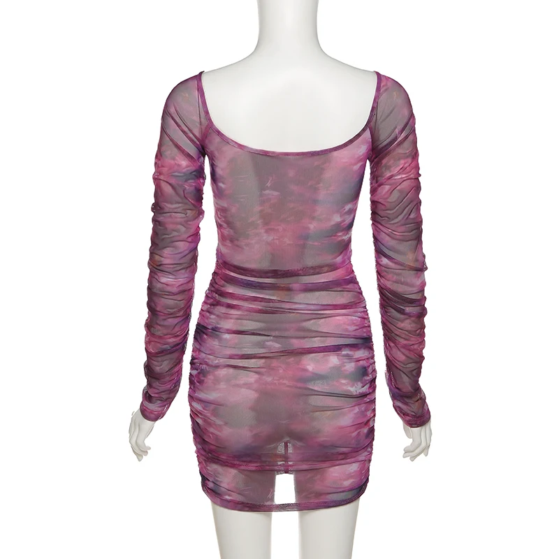 

AIIOU Sexy Mesh Hollow Out Bandage Strap Mini Dress Women Long Sleeve Slash Neck Off Shoulder Print Streetwear Skirts Female