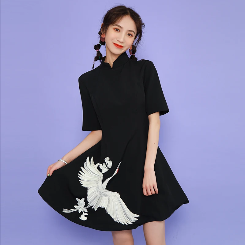 SWEETXUE летнее китайское платье Ципао с рисунком Стиль вышитые трапециевидный