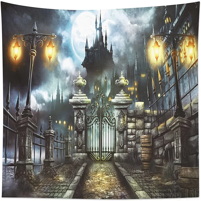 

Halloween Castle By Ho Me Lili Tapestry Wall Hanging Haunted Building With Retro Gate Full Moon For Bedroom Holiday Party Decor