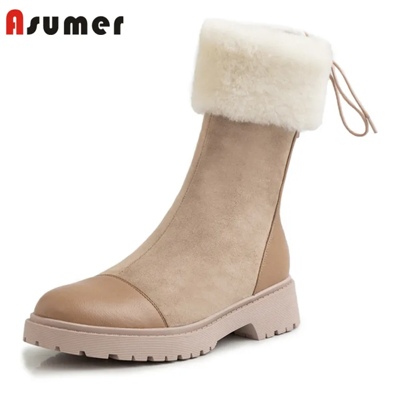 Женские ботильоны из натуральной кожи на толстом меху низком каблуке|Зимние