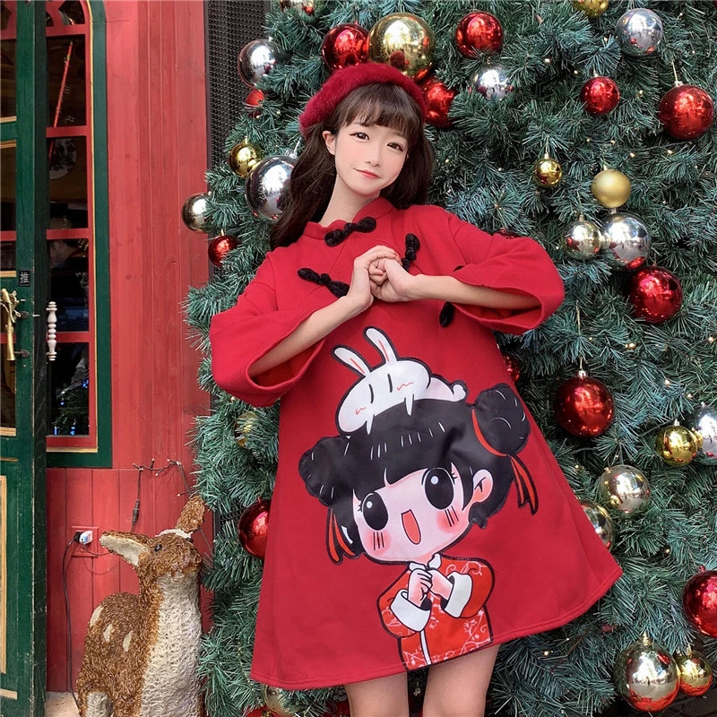 

New year red Chinese style retro modified cheongsam dress children's dress new year's dress 2019 in autumn and winter