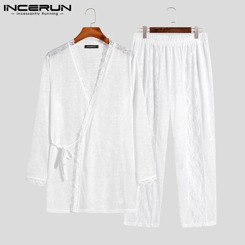 

Men Pajamas Sets Lace Patchwork Loose See Through V Neck Long Sleeve Sleepwear & Pants 2022 Homewear Men Pyjamas Suits INCERUN