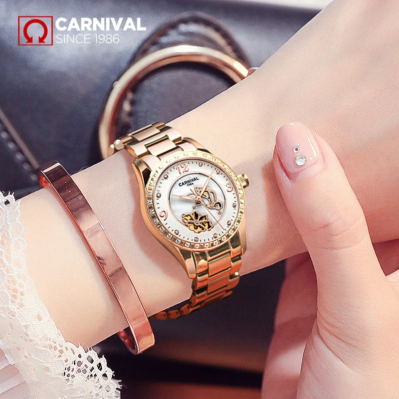 CARNIVAL Brand Fashion Mechanical Watch for Women Ladies Luxury Sapphire Luminous Automatic Wristwatches Waterproof Reloj Hombre enlarge