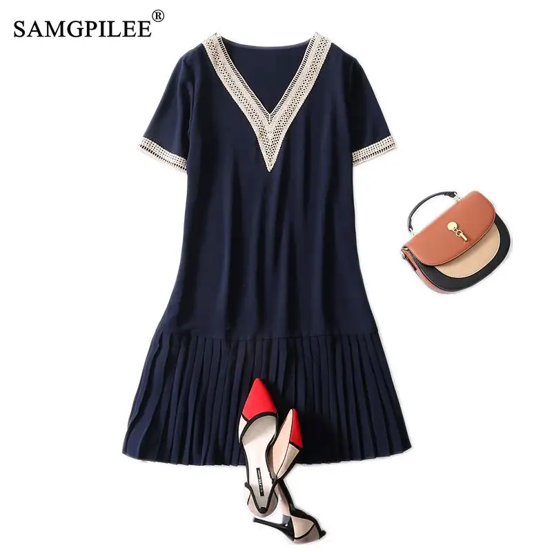 

Dress For Women 2021 New Korean Office Lady A-line Solid Short Sleeve Embroidery Knee-length Plus Size V-neck Woman Dresses 4XL
