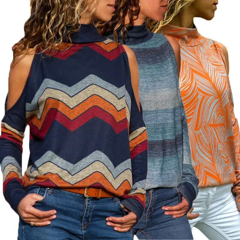 Горячая Распродажа Модный женский полосатый свитер с открытыми плечами высоким