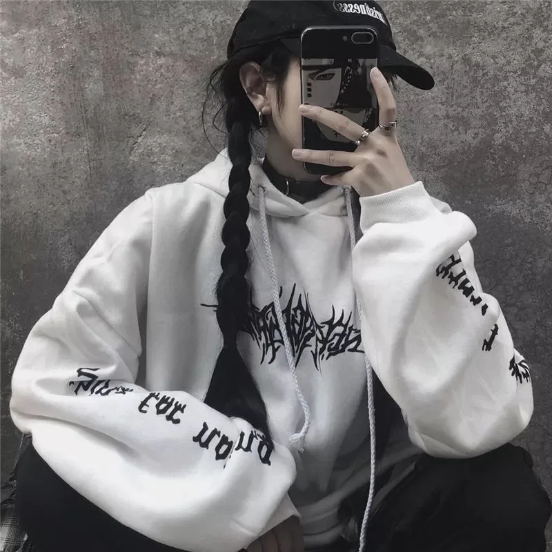 

Autumn Winter Sweater Women's Loose Streetwear Black Sweatshirt Printed Hoodie Fashion Long Women's Tops