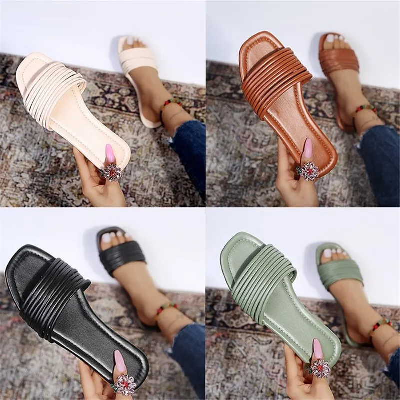 

Summer Style Black Brown Women Slipper Brand Narrowband Ladies Sandal Shoes Low Open Toe Flat Casual Slides Beach Flip Flops