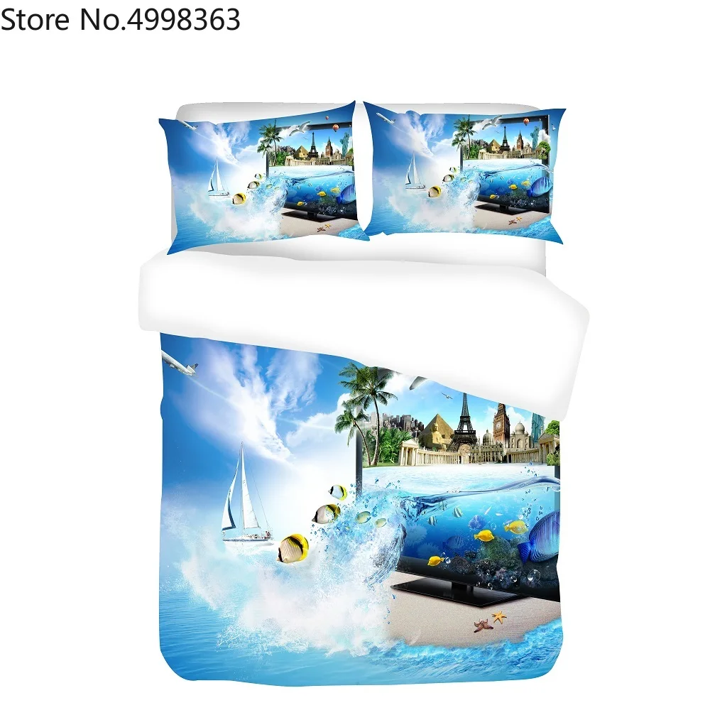 Набор пододеяльников с голубым океанским пейзажем Комплект постельного белья 3D