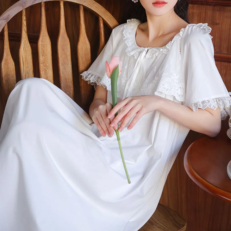 

Princess Sleepwear Cotton Night Dress Women White Sweet Lace Short Sleeve Long Robe Peignoir Victorian Dress Vintage Nightgowns