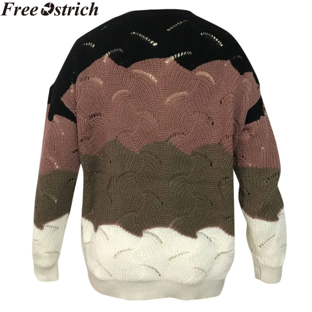 

Women Winter Sweater Stitching Fashion Long Sleeve Warming Hollow Soft Pullover Ladies Knit Tops Colorblock Casual Sweater