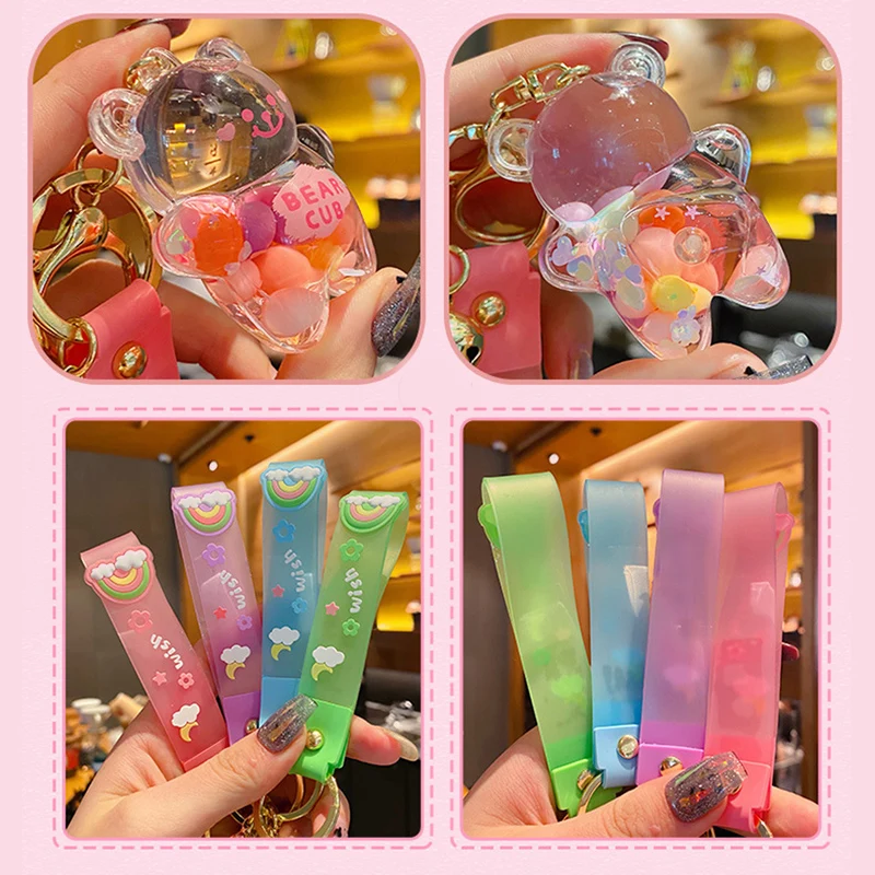 

Creative New Liquid Oil Chubby Bear Quicksand Keychains Keyring Girl Bag Pendant