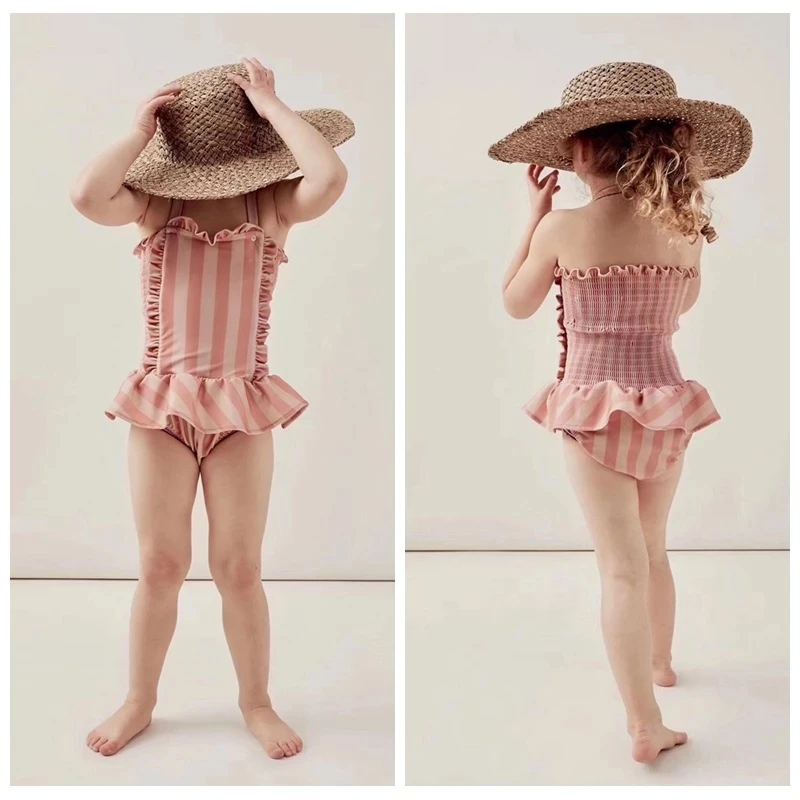 

Summer New Baby Girls Princess Swimwear Pink Striped Beach Seaside One Piece Kids Clothing Ruffles Cute Children Swimsuits